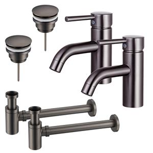 Fortifura Calvi Wastafelkraanset - voor dubbele wastafel - lage wastafelkraan - klikwaste plug - verlaagde design sifon - Geborsteld Gunmetal PVD 2x SW766540/2x SW767288/2x SW767295