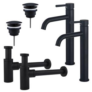 Fortifura Calvi Wastafelkraanset - voor dubbele wastafel - verhoogde wastafelkraan - always open plug - design sifon - Mat zwart 2x SW377834/2x SW696205/2x SW696210