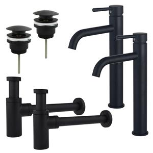 Fortifura Calvi Wastafelkraanset - voor dubbele wastafel - verhoogde wastafelkraan - klikwaste plug - design sifon - Mat zwart 2x SW377834/2x SW696199/2x SW696210