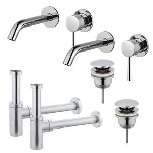 Fortifura Calvi Wastafelkraanset - voor dubbele wastafel - inbouw wastafelkraan - klikwaste plug - design sifon - Chroom 2x SW377814/2x SW696203/2x SW696214