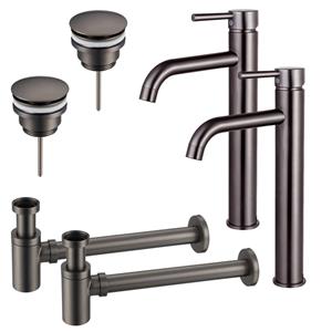 Fortifura Calvi Wastafelkraanset - voor dubbele wastafel - verhoogde wastafelkraan - klikwaste plug - verlaagde design sifon - Geborsteld Gunmetal PVD 2x SW766541/2x SW767288/2x SW767295