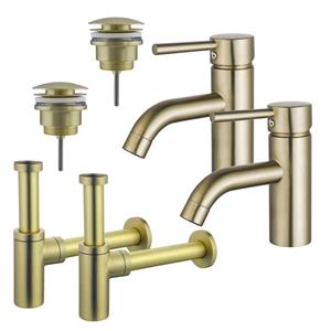 Fortifura Calvi Wastafelkraanset - voor dubbele wastafel - lage wastafelkraan - klikwaste plug - design sifon - Geborsteld Messing PVD (Goud) 2x SW720547/2x SW696202/2x SW696213
