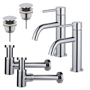 Fortifura Calvi Slim Wastafelkraanset - voor dubbele wastafel - lage wastafelkraan - klikwaste plug - verlaagde design sifon - Chroom 2x SW377812/2x SW696203/2x SW696219