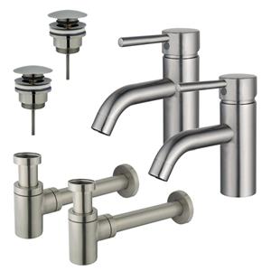 Fortifura Calvi Wastafelkraanset - voor dubbele wastafel - lage wastafelkraan - klikwaste plug - verlaagde design sifon - Geborsteld RVS PVD (RVS) 2x SW377856/2x SW696201/2x SW696217
