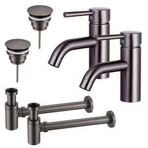 Fortifura Calvi Wastafelkraanset - voor dubbele wastafel - lage wastafelkraan - always open plug - verlaagde design sifon - Geborsteld Gunmetal PVD 2x SW766540/2x SW769487/2x SW767295