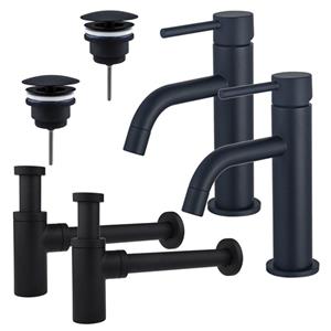 Fortifura Calvi Slim Wastafelkraanset - voor dubbele wastafel - lage wastafelkraan - always open plug - design sifon - Mat zwart 2x SW377835/2x SW696205/2x SW696210