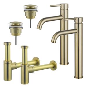 Fortifura Calvi Wastafelkraanset - voor dubbele wastafel - verhoogde wastafelkraan - klikwaste plug - design sifon - Geborsteld Messing PVD (Goud) 2x SW720549/2x SW696202/2x SW696213