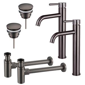 Fortifura Calvi Wastafelkraanset - voor dubbele wastafel - verhoogde wastafelkraan - klikwaste plug - design sifon - Geborsteld Gunmetal PVD 2x SW766541/2x SW767288/2x SW767297