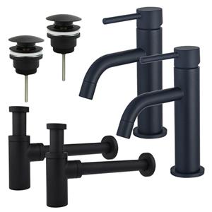 Fortifura Calvi Slim Wastafelkraanset - voor dubbele wastafel - lage wastafelkraan - klikwaste plug - design sifon - Mat zwart 2x SW377835/2x SW696199/2x SW696210