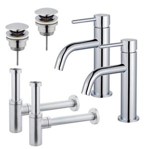 Fortifura Calvi Slim Wastafelkraanset - voor dubbele wastafel - lage wastafelkraan - klikwaste plug - design sifon - Chroom 2x SW377812/2x SW696203/2x SW696214