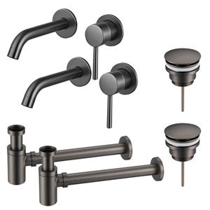 Fortifura Calvi Slim Wastafelkraanset - voor dubbele wastafel - inbouw wastafelkraan - klikwaste plug - verlaagde design sifon - Geborsteld Gunmetal PVD 2x SW766534/2x SW767288/2x SW767295