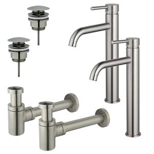 Fortifura Calvi Wastafelkraanset - voor dubbele wastafel - verhoogde wastafelkraan - klikwaste plug - verlaagde design sifon - Geborsteld RVS PVD (RVS) 2x SW377857/2x SW696201/2x SW696217