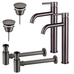 Fortifura Calvi Wastafelkraanset - voor dubbele wastafel - verhoogde wastafelkraan - always open plug - verlaagde design sifon - Geborsteld Gunmetal PVD 2x SW766541/2x SW769487/2x SW767295