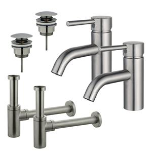 Fortifura Calvi Wastafelkraanset - voor dubbele wastafel - lage wastafelkraan - klikwaste plug - design sifon - Geborsteld RVS PVD (RVS) 2x SW377856/2x SW696201/2x SW696212