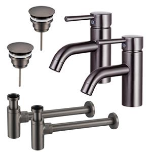Fortifura Calvi Wastafelkraanset - voor dubbele wastafel - lage wastafelkraan - always open plug - design sifon - Geborsteld Gunmetal PVD 2x SW766540/2x SW769487/2x SW767297