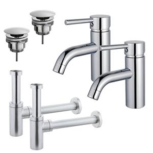 Fortifura Calvi Wastafelkraanset - voor dubbele wastafel - lage wastafelkraan - always open plug - design sifon - Chroom 2x SW377810/2x SW696209/2x SW696214