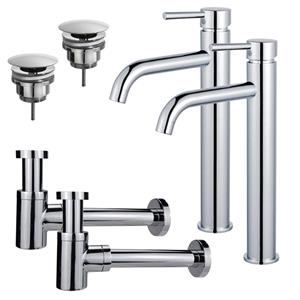 Fortifura Calvi Wastafelkraanset - voor dubbele wastafel - verhoogde wastafelkraan - always open plug - verlaagde design sifon - Chroom 2x SW377811/2x SW696209/2x SW696219