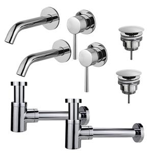 Fortifura Calvi Slim Wastafelkraanset - voor dubbele wastafel - inbouw wastafelkraan - always open plug - verlaagde design sifon - Chroom 2x SW377814/2x SW696209/2x SW696219