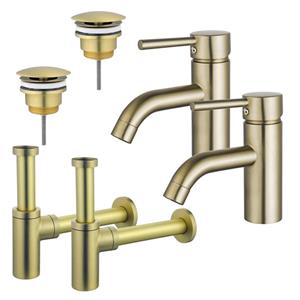 Fortifura Calvi Wastafelkraanset - voor dubbele wastafel - lage wastafelkraan - always open plug - design sifon - Geborsteld Messing PVD (Goud) 2x SW720547/2x SW696208/2x SW696213