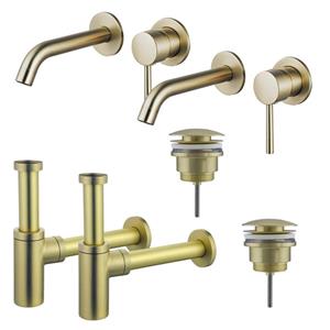 Fortifura Calvi Wastafelkraanset - voor dubbele wastafel - inbouw wastafelkraan - klikwaste plug - design sifon - Geborsteld Messing PVD (Goud) 2x SW720228/2x SW696202/2x SW696213