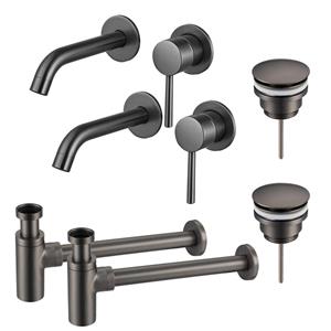 Fortifura Calvi Wastafelkraanset - voor dubbele wastafel - inbouw wastafelkraan - klikwaste plug - design sifon - Geborsteld Gunmetal PVD 2x SW766534/2x SW767288/2x SW767297