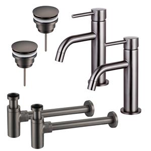 Fortifura Calvi Slim Wastafelkraanset - voor dubbele wastafel - lage wastafelkraan - klikwaste plug - design sifon - Geborsteld Gunmetal PVD 2x SW766538/2x SW767288/2x SW767297