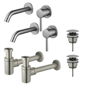 Fortifura Calvi Slim Wastafelkraanset - voor dubbele wastafel - inbouw wastafelkraan - klikwaste plug - verlaagde design sifon - Geborsteld RVS PVD (RVS) 2x SW377860/2x SW696201/2x SW696217
