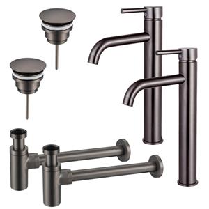 Fortifura Calvi Wastafelkraanset - voor dubbele wastafel - verhoogde wastafelkraan - always open plug - design sifon - Geborsteld Gunmetal PVD 2x SW766541/2x SW769487/2x SW767297