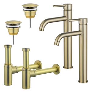Fortifura Calvi Wastafelkraanset - voor dubbele wastafel - verhoogde wastafelkraan - always open plug - design sifon - Geborsteld Messing PVD (Goud) 2x SW720549/2x SW696208/2x SW696213