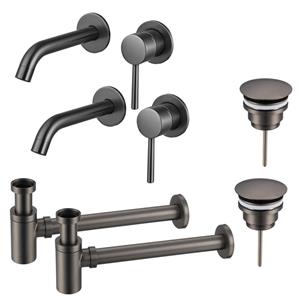 Fortifura Calvi Slim Wastafelkraanset - voor dubbele wastafel - inbouw wastafelkraan - always open plug - verlaagde design sifon - Geborsteld Gunmetal PVD 2x SW766534/2x SW769487/2x SW767295