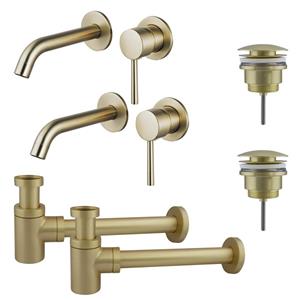 Fortifura Calvi Slim Wastafelkraanset - voor dubbele wastafel - inbouw wastafelkraan - klikwaste plug - verlaagde design sifon - Geborsteld Messing PVD (Goud) 2x SW720228/2x SW696202/2x SW696218