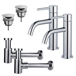 Fortifura Calvi Slim Wastafelkraanset - voor dubbele wastafel - lage wastafelkraan - always open plug - verlaagde design sifon - Chroom 2x SW377812/2x SW696209/2x SW696219