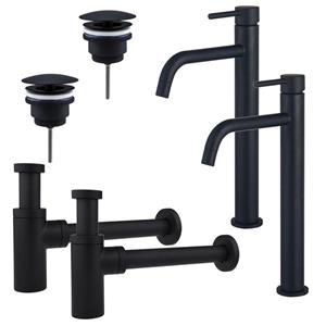 Fortifura Calvi Slim Wastafelkraanset - voor dubbele wastafel - verhoogde wastafelkraan - always open plug - design sifon - Mat zwart 2x SW377836/2x SW696205/2x SW696210