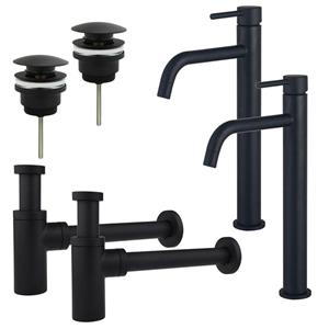 Fortifura Calvi Slim Wastafelkraanset - voor dubbele wastafel - verhoogde wastafelkraan - klikwaste plug - design sifon - Mat zwart 2x SW377836/2x SW696199/2x SW696210