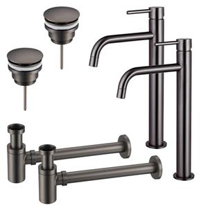 Fortifura Calvi Slim Wastafelkraanset - voor dubbele wastafel - verhoogde wastafelkraan - klikwaste plug - verlaagde design sifon - Geborsteld Gunmetal PVD 2x SW766539/2x SW767288/2x SW767295