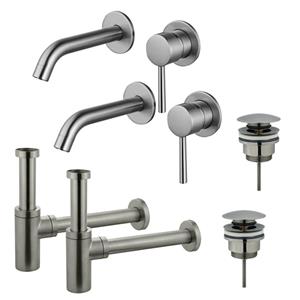 Fortifura Calvi Wastafelkraanset - voor dubbele wastafel - inbouw wastafelkraan - klikwaste plug - design sifon - Geborsteld RVS PVD (RVS) 2x SW377860/2x SW696201/2x SW696212