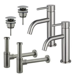 Fortifura Calvi Slim Wastafelkraanset - voor dubbele wastafel - lage wastafelkraan - klikwaste plug - design sifon - Geborsteld RVS PVD (RVS) 2x SW377858/2x SW696201/2x SW696212