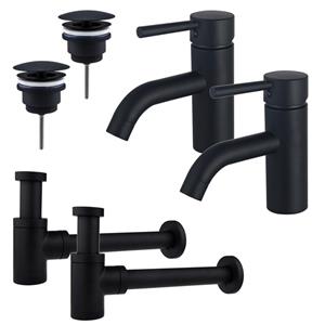 Fortifura Calvi Wastafelkraanset - voor dubbele wastafel - lage wastafelkraan - always open plug - verlaagde design sifon - Mat zwart 2x SW377833/2x SW696205/2x SW696215