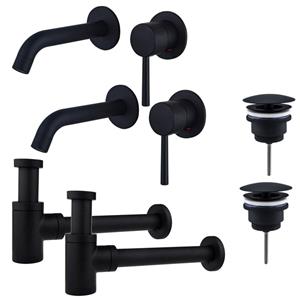 Fortifura Calvi Slim Wastafelkraanset - voor dubbele wastafel - inbouw wastafelkraan - always open plug - verlaagde design sifon - Mat zwart 2x SW377837/2x SW696205/2x SW696215