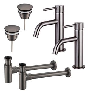 Fortifura Calvi Slim Wastafelkraanset - voor dubbele wastafel - lage wastafelkraan - always open plug - design sifon - Geborsteld Gunmetal PVD 2x SW766538/2x SW769487/2x SW767297