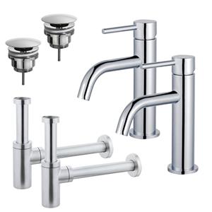 Fortifura Calvi Slim Wastafelkraanset - voor dubbele wastafel - lage wastafelkraan - always open plug - design sifon - Chroom 2x SW377812/2x SW696209/2x SW696214