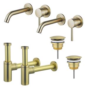 Fortifura Calvi Slim Wastafelkraanset - voor dubbele wastafel - inbouw wastafelkraan - always open plug - design sifon - Geborsteld Messing PVD (Goud) 2x SW720228/2x SW696208/2x SW696213
