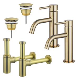 Fortifura Calvi Slim Wastafelkraanset - voor dubbele wastafel - lage wastafelkraan - always open plug - design sifon - Geborsteld Messing PVD (Goud) 2x SW720545/2x SW696208/2x SW696213