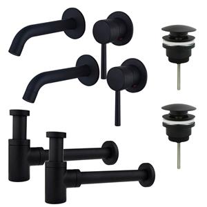 Fortifura Calvi Slim Wastafelkraanset - voor dubbele wastafel - inbouw wastafelkraan - klikwaste plug - verlaagde design sifon - Mat zwart 2x SW377837/2x SW696199/2x SW696215