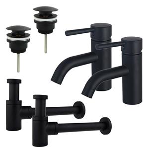 Fortifura Calvi Wastafelkraanset - voor dubbele wastafel - lage wastafelkraan - klikwaste plug - verlaagde design sifon - Mat zwart 2x SW377833/2x SW696199/2x SW696215