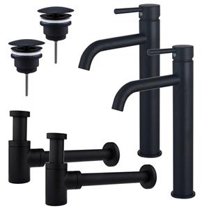 Fortifura Calvi Wastafelkraanset - voor dubbele wastafel - verhoogde wastafelkraan - always open plug - verlaagde design sifon - Mat zwart 2x SW377834/2x SW696205/2x SW696215