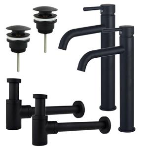 Fortifura Calvi Wastafelkraanset - voor dubbele wastafel - verhoogde wastafelkraan - klikwaste plug - verlaagde design sifon - Mat zwart 2x SW377834/2x SW696199/2x SW696215