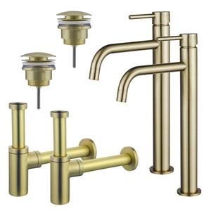 Fortifura Calvi Slim Wastafelkraanset - voor dubbele wastafel - verhoogde wastafelkraan - klikwaste plug - design sifon - Geborsteld Messing PVD (Goud) 2x SW720546/2x SW696202/2x SW696213