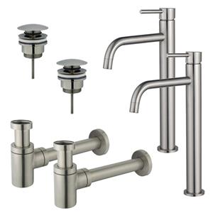 Fortifura Calvi Slim Wastafelkraanset - voor dubbele wastafel - verhoogde wastafelkraan - klikwaste plug - verlaagde design sifon - Geborsteld RVS PVD (RVS) 2x SW377859/2x SW696201/2x SW696217