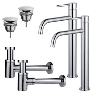 Fortifura Calvi Slim Wastafelkraanset - voor dubbele wastafel - verhoogde wastafelkraan - always open plug - verlaagde design sifon - Chroom 2x SW377813/2x SW696209/2x SW696219